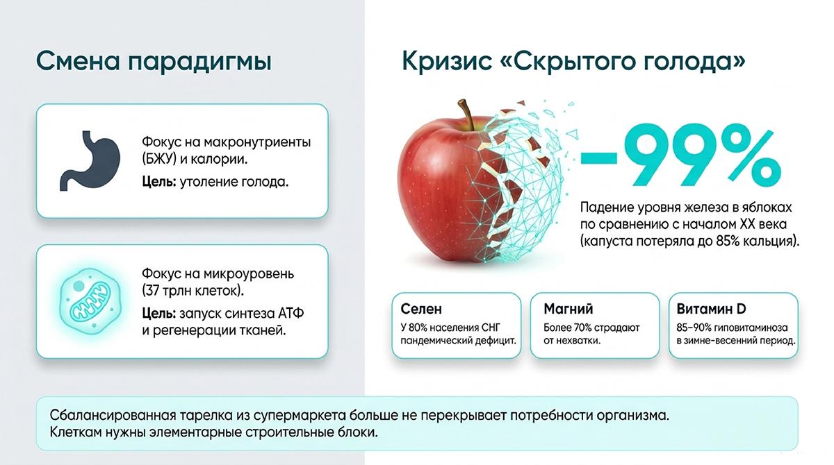 Сравнение фокуса на макронутриенты и микроуровень клеток в условиях дефицита микроэлементов в современных продуктах