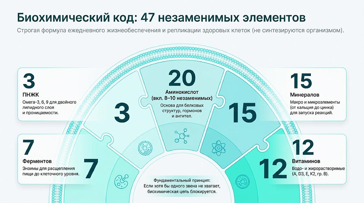 Биохимический код: 47 незаменимых элементов», включающая 20 аминокислот, 15 минералов, 12 витаминов, 7 ферментов и 3 ПНЖК